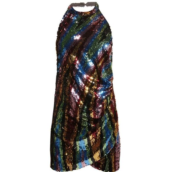 Revolve Ronny Kobo Jo Gold Multicolor Sequin halter cocktail mini dress - 12 NWT - Picture 2 of 10